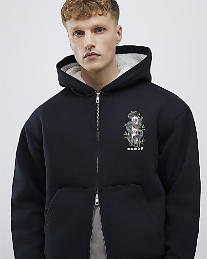 Black Regular Fit Borg Zip Through Hoodie