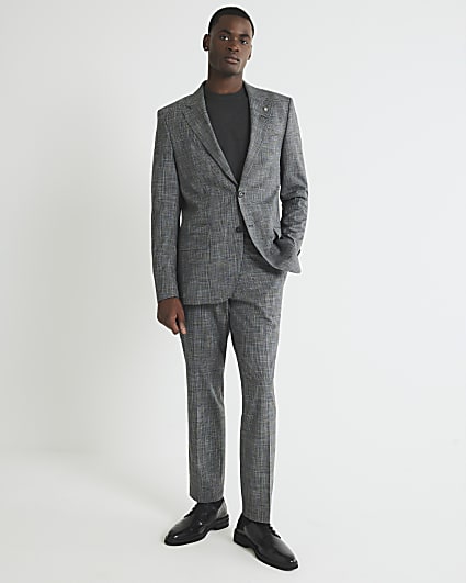 Grey Regular Fit Check Suit Trousers