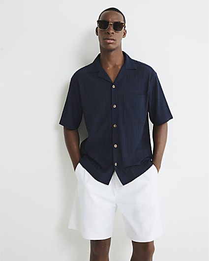 Navy Regular Fit Grid Textured Revere Shirt