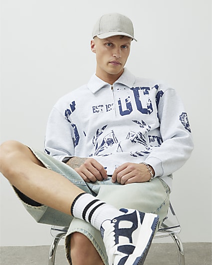 Grey Regular Fit Quarter Zip Polo Sweatshirt