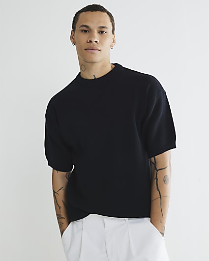 Navy Boxy Short Sleeve Boucle Knit T-shirt