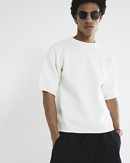 Ecru Short Sleeve Boucle Knitted T-Shirt