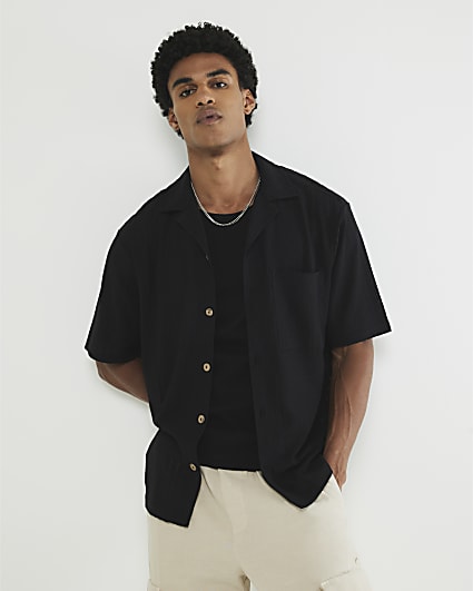 Black Regular Fit Grid Textured Revere Shirt