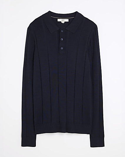 Navy Muscle Fit Ribbed Polo Shirt