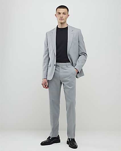 Grey Slim Fit Textured Suit Trousers