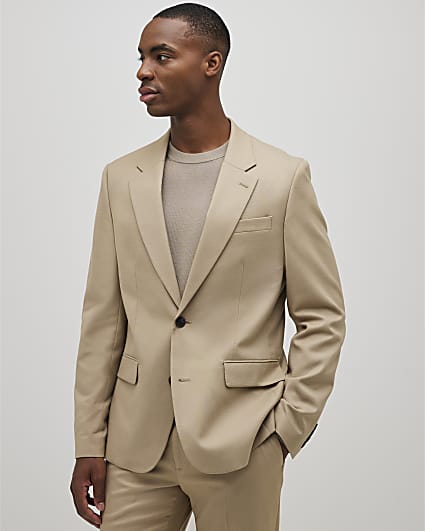 Beige Slim Fit Textured Suit Jacket