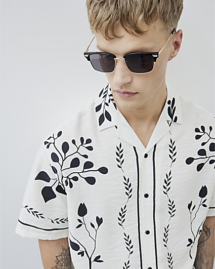 Cream Regular Fit Floral Border Shirt