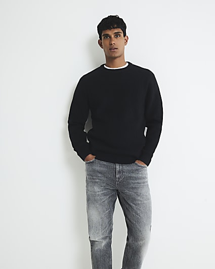 Black Slim Fit Knitted Ribbed Jumper