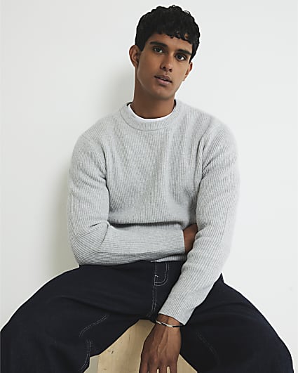 Grey Slim Fit Knitted Ribbed Jumper