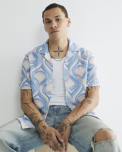Blue Regular Fit Peacock Crochet Shirt