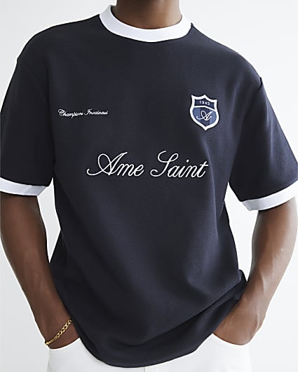 Navy Regular Fit Football Ottoman T-Shirt