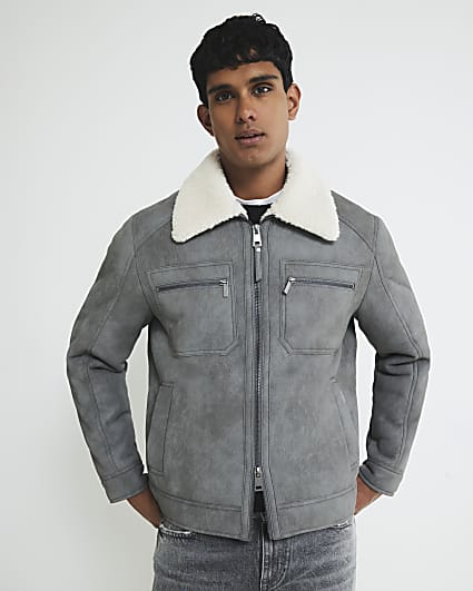 Grey Nubuck Zip Shearling Western Jacket