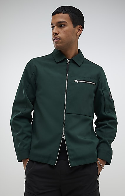 Green Twill Two-Way Zip Shacket