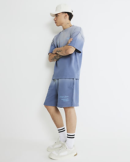 Blue Oversized Fit Ombre Washed Shorts