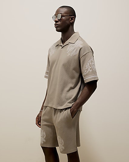 Grey Embroidered Open Neck Polo Shirt
