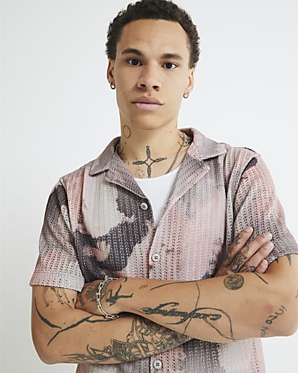 Pink Regular Fit Printed Crochet Shirt