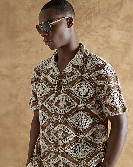 Brown Regular Fit Eye Crochet Shirt