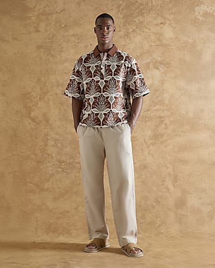 Brown Boxy Fit Floral Crochet Polo Shirt
