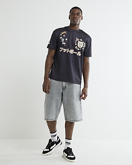 Grey Denim Embroidered Pocket Jorts