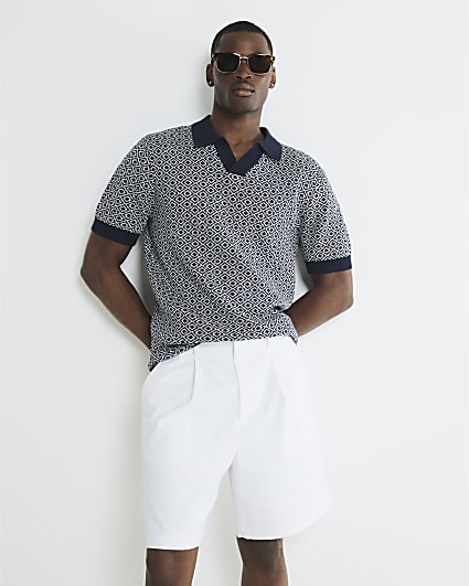 Navy Geometric Boucle Open Collar Polo Shirt