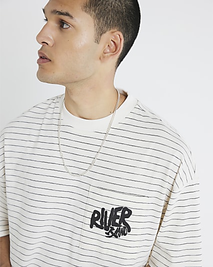 White Oversized Fit Stripe RI Pocket T-Shirt