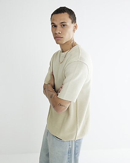 Beige Garment Dye Knitted T-Shirt