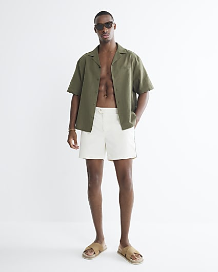Ecru Fixed Waist Taped Swim Shorts