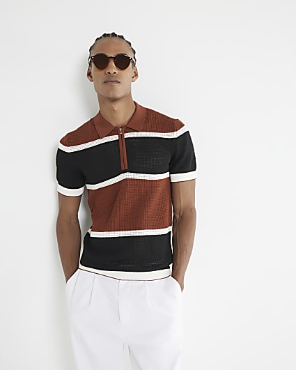 Brown Colour Blocked Polo Shirt