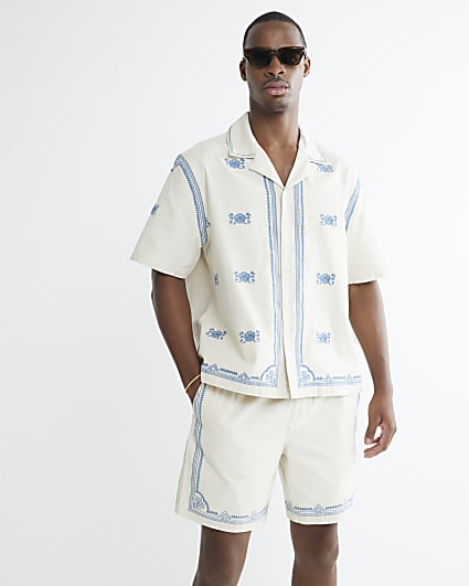 White Regular Fit Border Embroidered Shirt