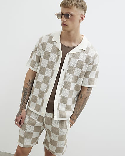 Stone Knitted Check Shirt
