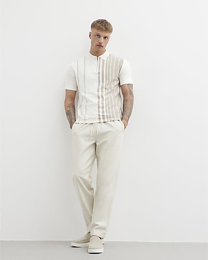 Beige Striped Zip Polo Shirt