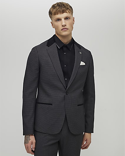 Grey Skinny Fit Check Suit Jacket