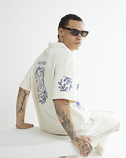 Ecru Embroidered Open Neck Ottoman Shirt