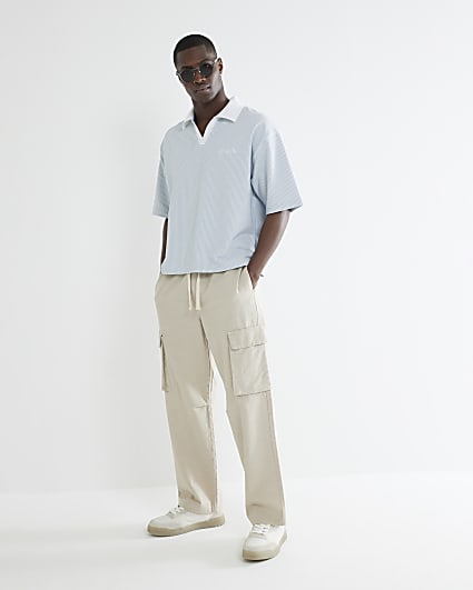 Blue Boxy Fit Stripe Open Neck Polo Shirt