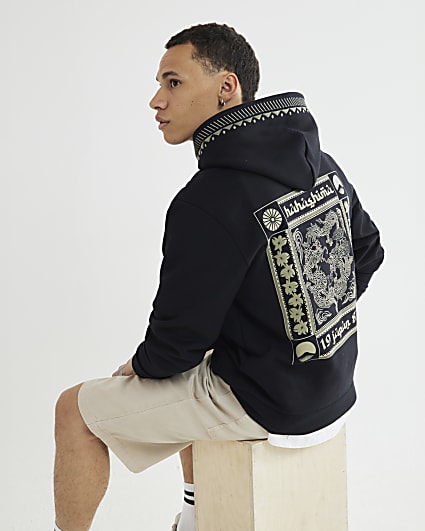 Black Regular Fit Beasty Embroidery Hoodie