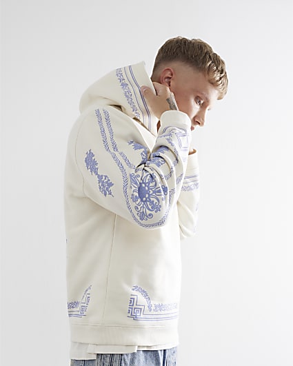 Ecru Regular Fit Grecian Placement Hoodie