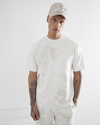 Cream Regular Fit Dragon Embroidered T-Shirt