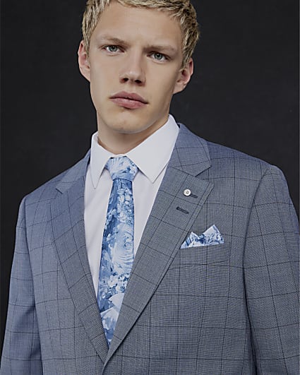 Blue Textured Floral Tie & Handkerchief Set