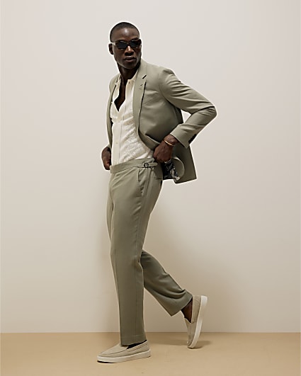 Green Slim Fit Linen Blend Suit Trousers