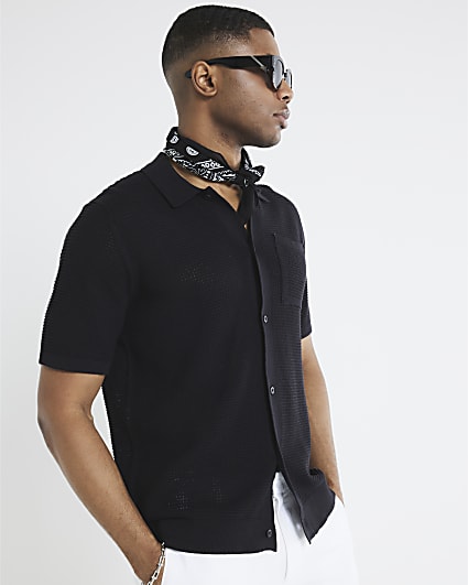 Black Regular Fit Short Sleeve Crochet Shirt