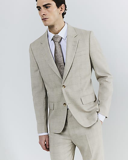 Beige Check Slim Suit Jacket