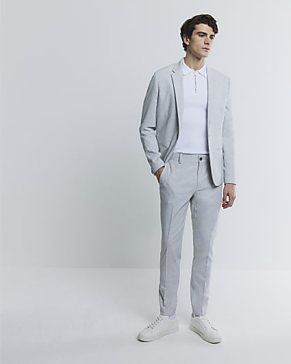 Grey Skinny Fit Textured Suit Trousers