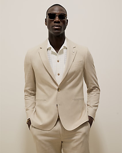 Ecru Slim Fit Linen Blend Suit Jacket
