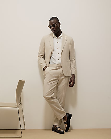 Ecru Slim Fit Linen Blend Suit Trousers