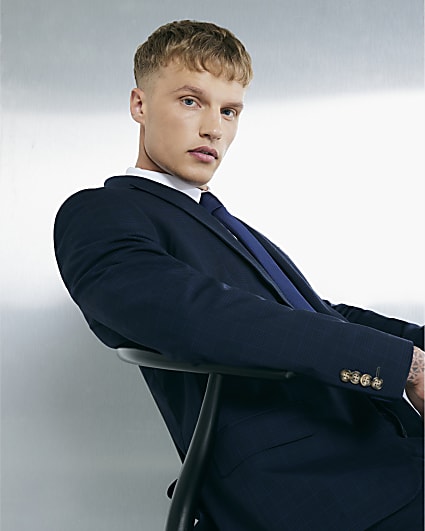 Navy Slim Fit Check Suit Jacket