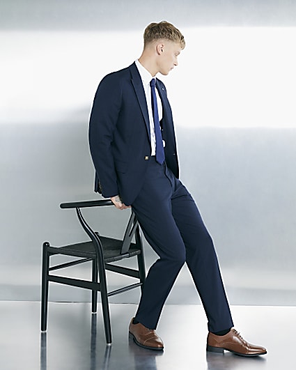 Navy Slim Fit Check Suit Trousers