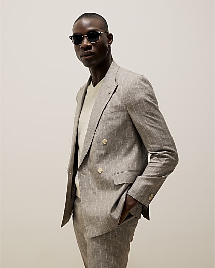 Grey Slim Fit Stripe Linen Blend Suit Jacket