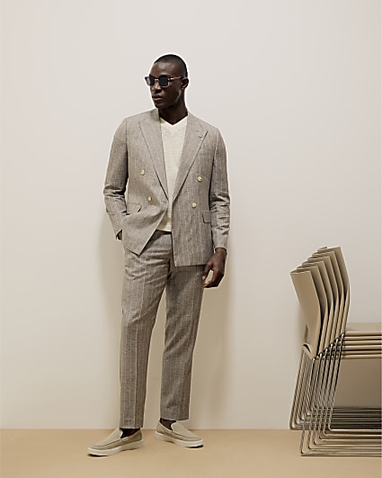 Grey Slim Stripe Linen Blend Suit Trousers
