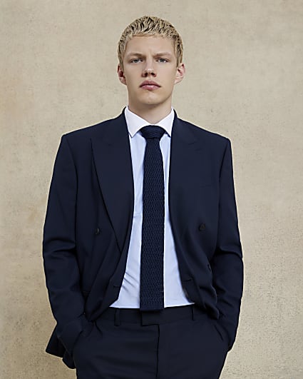 Navy Double Breasted Slim Fit Suit Jacket