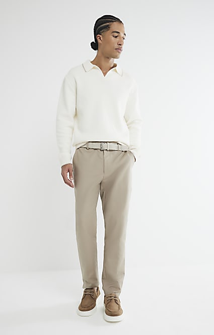 Beige Slim Fit Belted Chinos